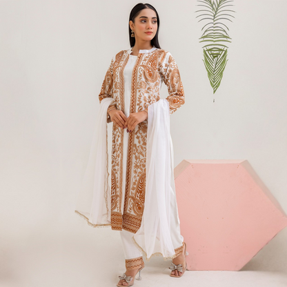 UMRZ-44 Embroidered Linen Coat Style Shirt with Pocket Trouser Dress and Chiffon Dupatta 3 Pc |Ready to Wear| Rangz