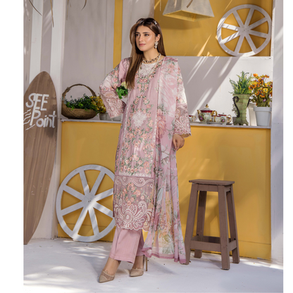 Floral Embroidered Viscose Linen 3 Pc Pakistani Dress | Ready to wear | Traditional Thread