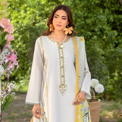 UHE-51 (Beige) 3 Pc Embroidered Cambric Cotton trending Farshi Shalwar ready to wear Dress | Summer Wear | Heera's