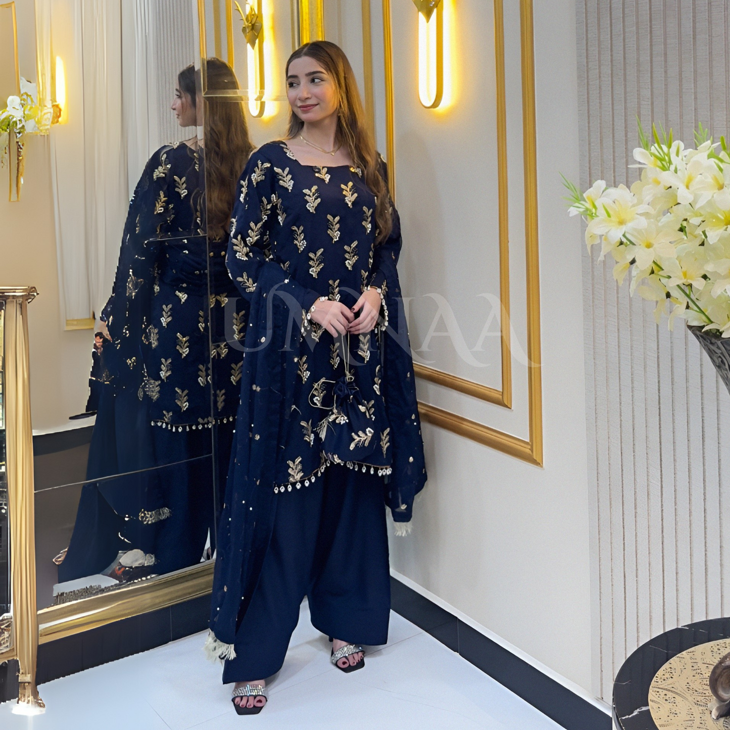 Embroidered Chiffon Luxury Trendy Farshi Shalwar with Potli Festive Collection- Umnaa