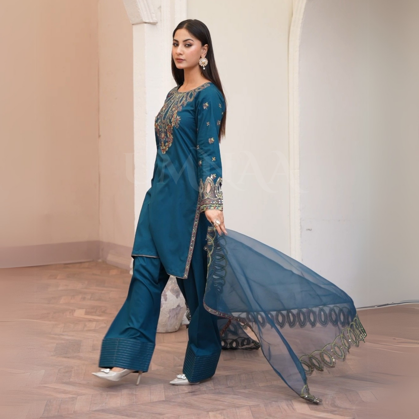 (Teal Blue) Luxury Cambric Cotton Farshi Shalwar Ready to Wear Pakistani Dress | Umnaa