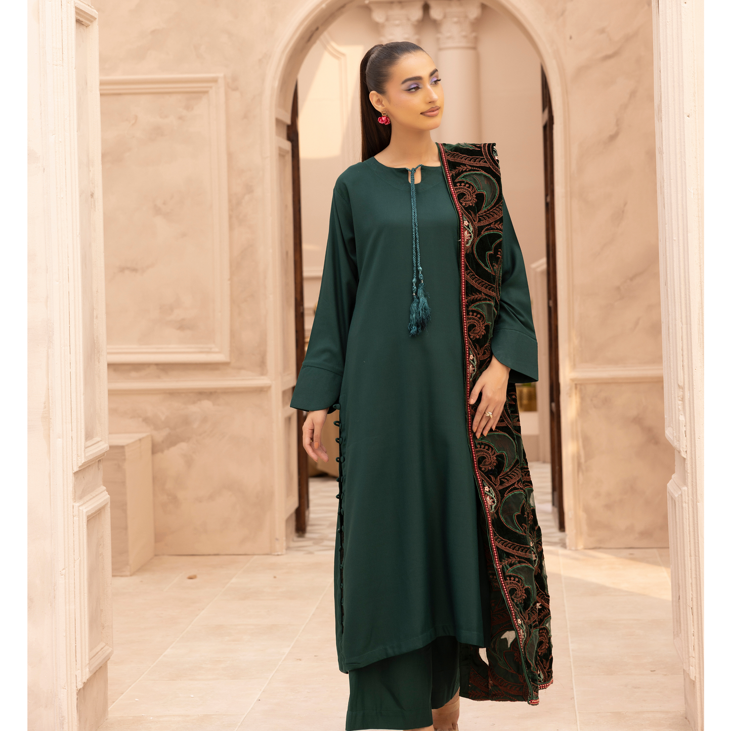 UMS-37 Hanna by Simrans Embroidered Dhanak Dress with Winter Laser Cut Shawl | Ready to Wear | Asian Clothes