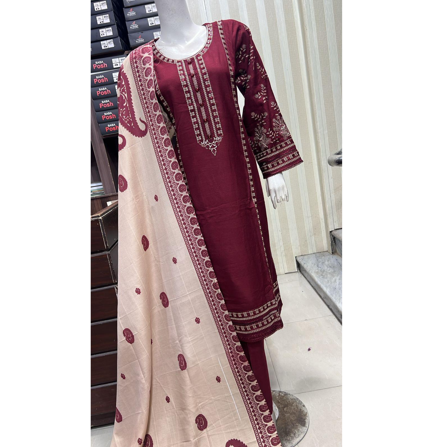 UA-137 Dhanak dress with Kashmiri Wool Shawl by Umnaa | Ready to Wear | Asian Clothes
