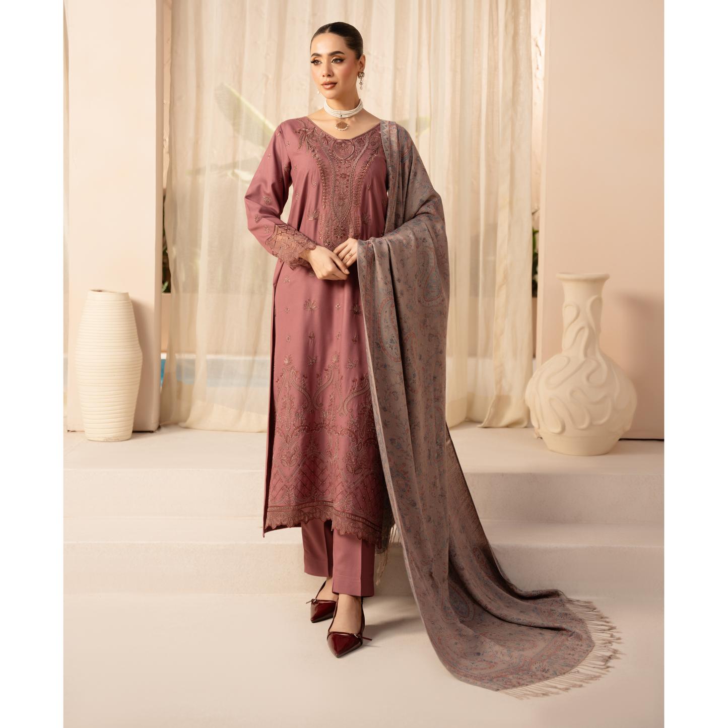 UA-140 Embroidered Dhanak Dress with Pashmina Shawl | Ready to Wear | Asian Clothes