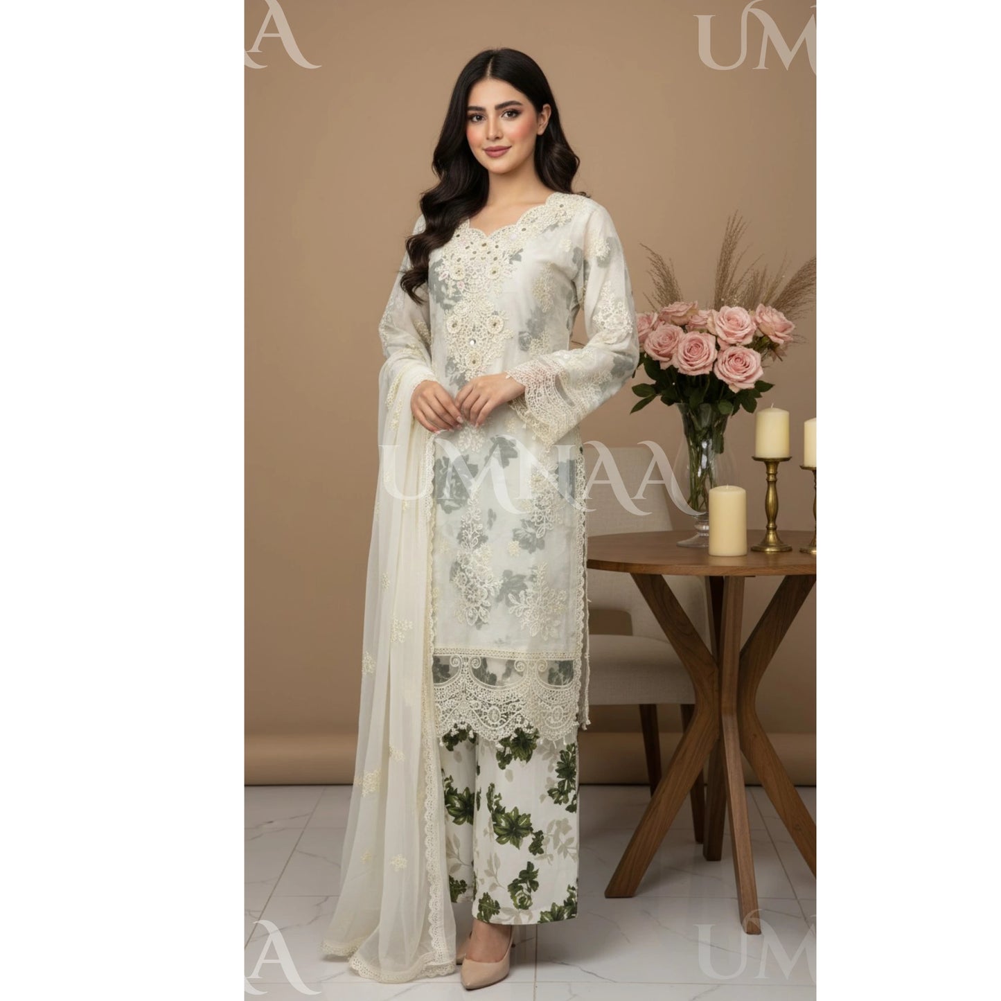 UA-165 Embroidered Chiffon 3-Piece with Printed Lining & Trouser