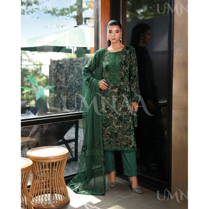UA-175 Festive Palachi Velvet Dress with Chiffon Dupatta 3 Pc Collection by Umnaa