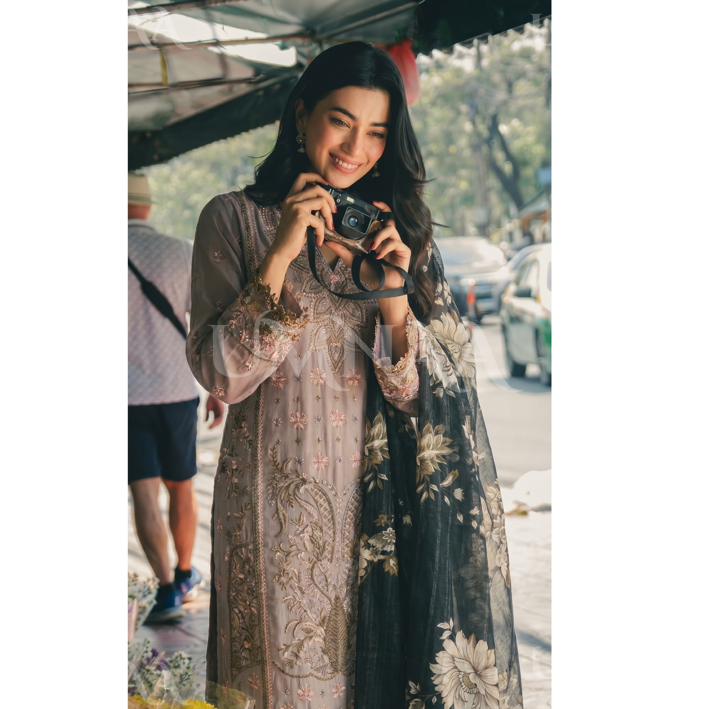 UB-01 3 Pc Embroidered Linen Dress With Cotton Silk Printed Dupatta  By UB