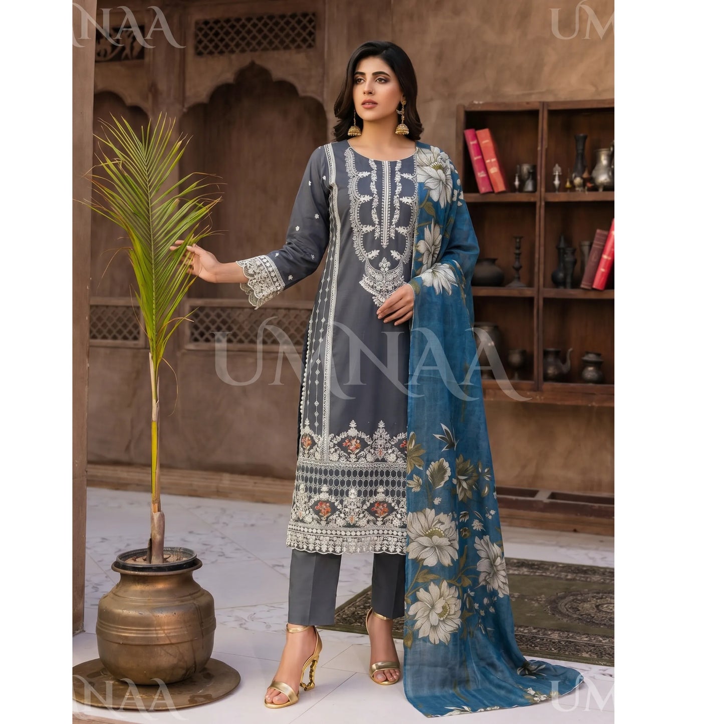 UB-03 3 Pc Embroidered Linen Dress With Cotton Silk Printed Dupatta  By UB