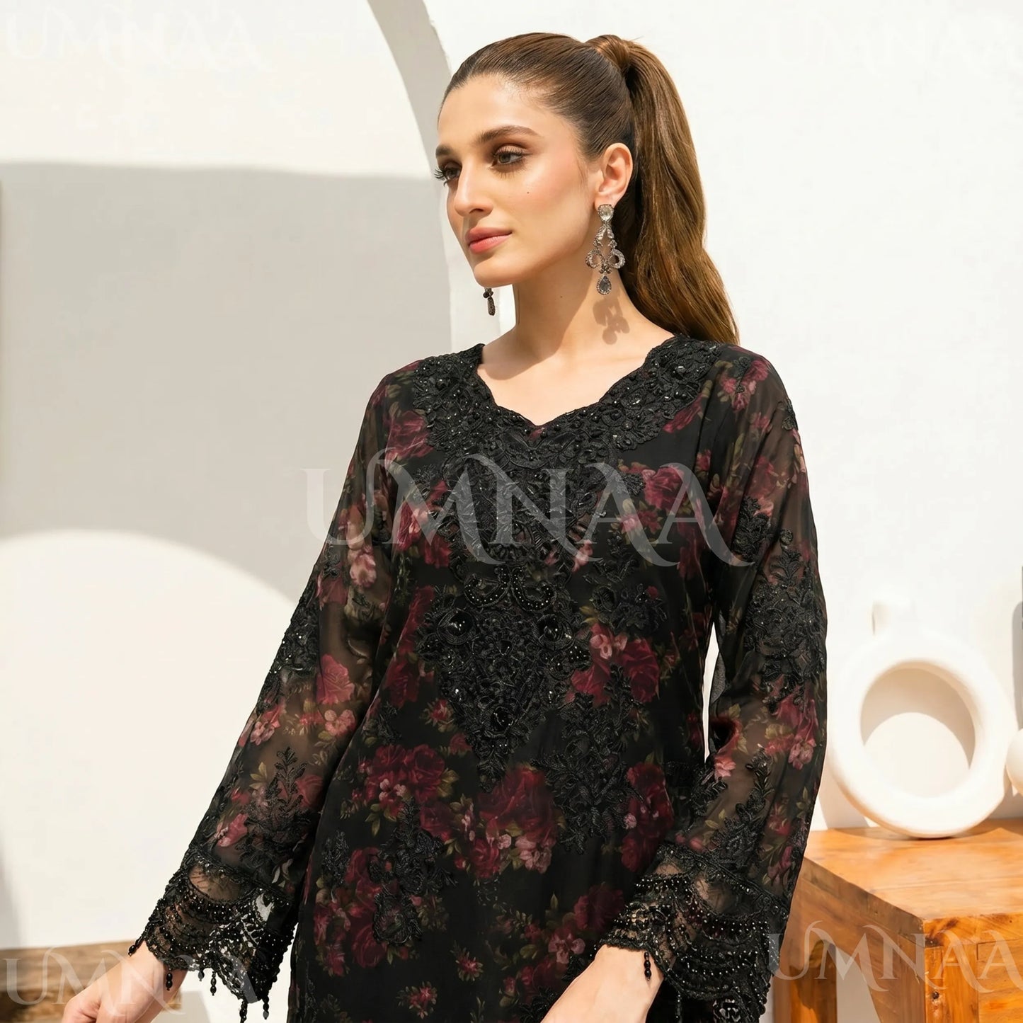 UA-184 Embroidered Chiffon 3-Piece with Printed Lining & Trouser