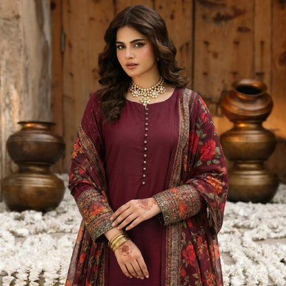 UA-207 Embroidered Viscose Farshi Shalwar with Printed Chiffon Dupatta by Umnaa | Ready to Wear Pakistani Asian clothes