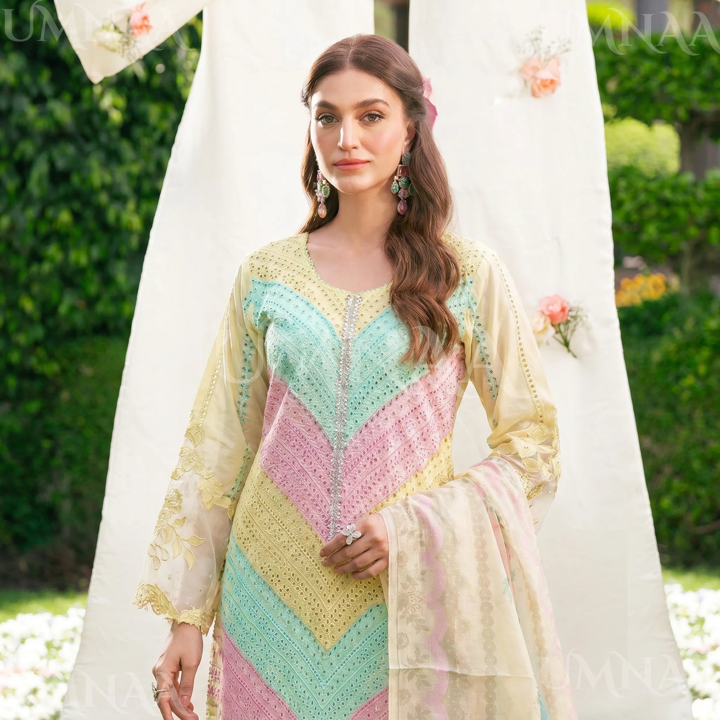 UA-208 Embroidered Chikenkari Cambric Cotton Pastel Festive Collection by Umnaa - Ready to Wear Pakistani Asian clothes