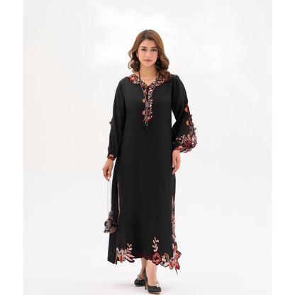 RA-32 MIDNIGHT BLOSSOM Embroidered Raw Silk Long Kaftan Style 2 Piece | Elegant Women's Festive & Formal Wear