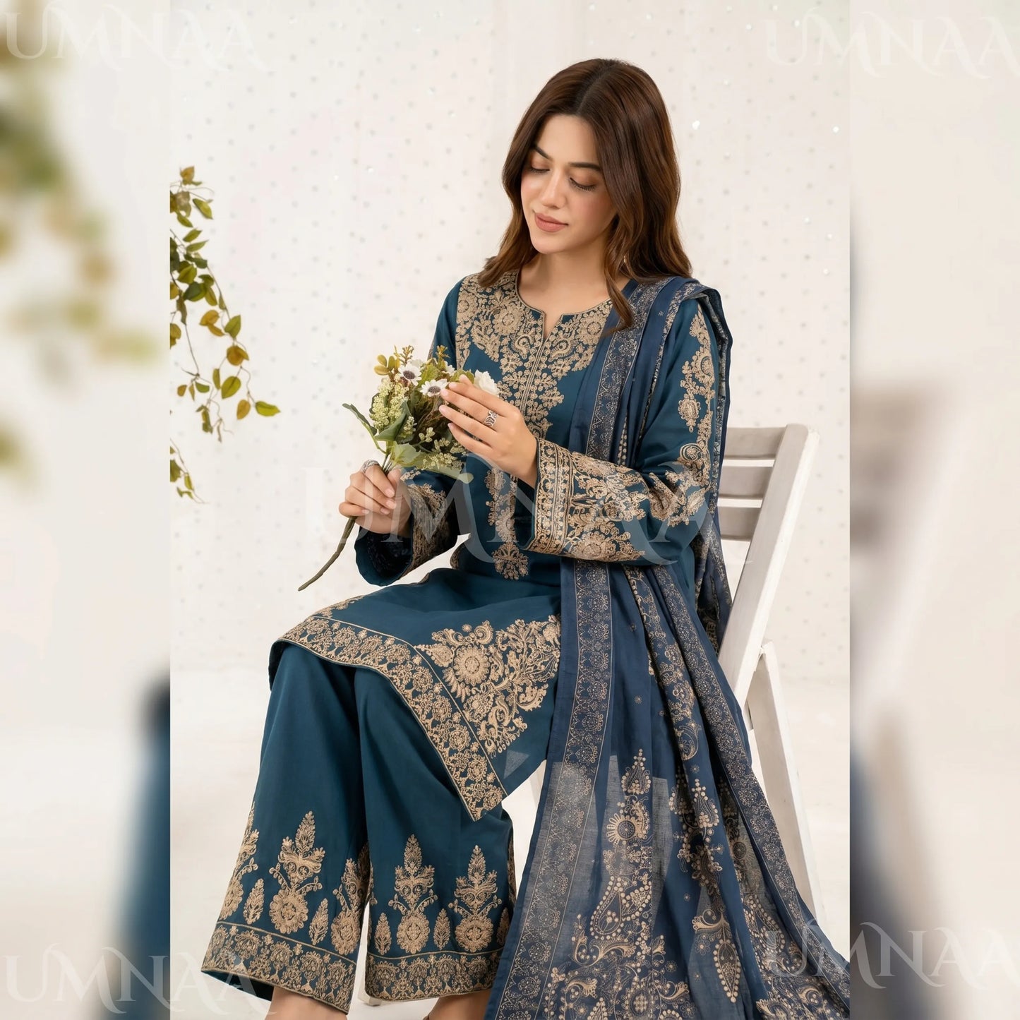 UA-222 Embroidered Cotton Ready to Wear Collection Pakistani Asian Women | 3 Piece Shirt Trouser Duppata by Umnaa