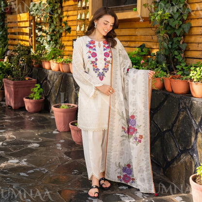 UA-223 Embroidered Cambric Cotton 3 Piece Suit | Tulip Shalwar & Printed Dupatta | Soft Summer Collection by Umnaa