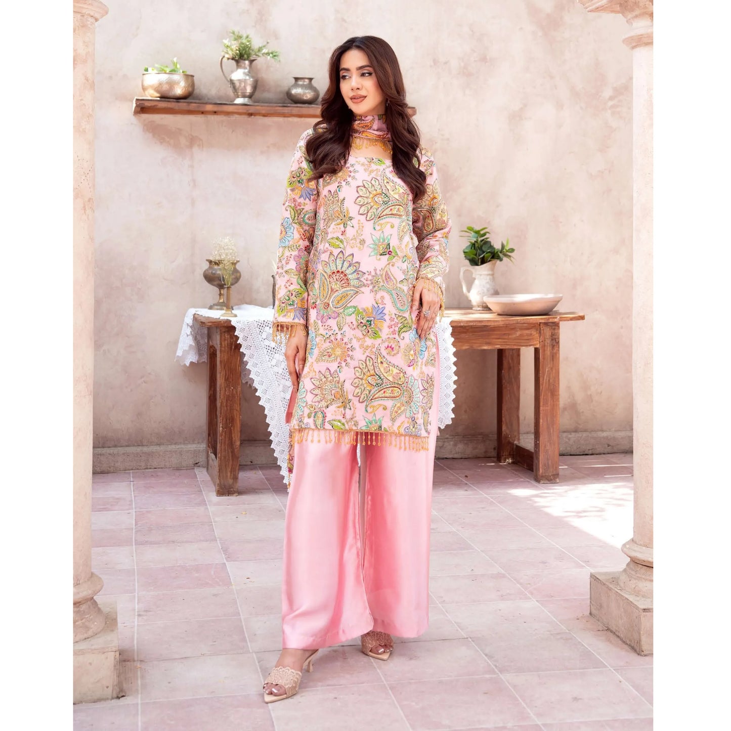 UA-225 Trendy Indian Armani Silk 3 Piece Suit by Umnaa | Embroidered Kameez with Shamoos Silk Shararah & Apple Silk Dupatta | Festive & Party Wear