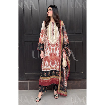UA-229 Printed Lawn Long Kaftan Style 3  Piece Casual Summer Collection by Umnaa
