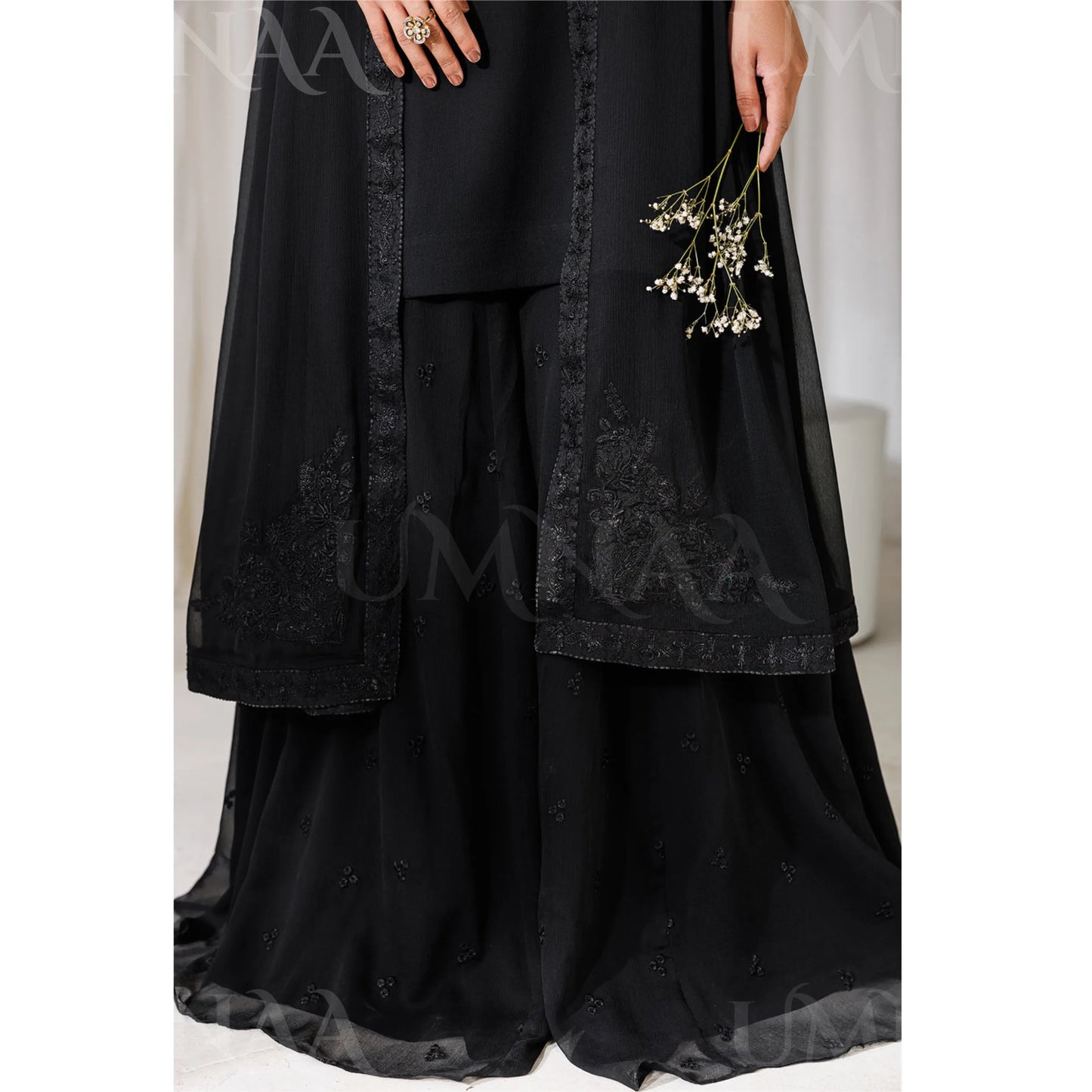 UA-230 Chiffon Sharara Full Sleeves Lined 3 Piece Suit | Chiffon Shirt with Embroidered Sharara & Dupatta | Formal Party Wear