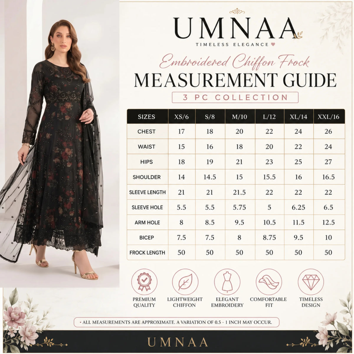 UA-224 Embroidered Chiffon Frock 3 Pc Suit | Printed Inner Lining | Trouser & Chiffon Dupatta | Formal Party Wear