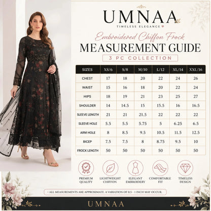 UA-224 Embroidered Chiffon Frock 3 Pc Suit | Printed Inner Lining | Trouser & Chiffon Dupatta | Formal Party Wear
