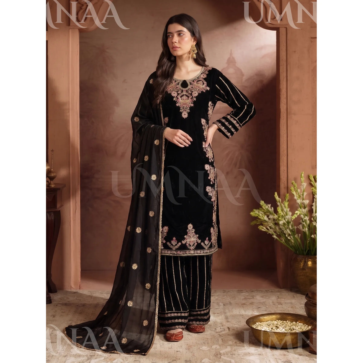 UA-293 Embroidered Luxury Velvet Collection | Umnaa - Black