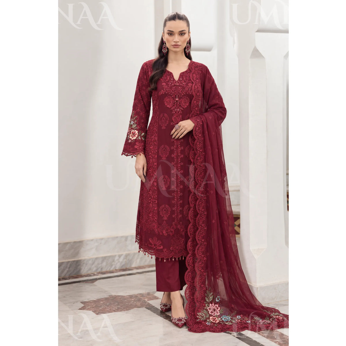 UA-299 Luxury Chiffom Collection 3 Pc | Umnaa - Maroon