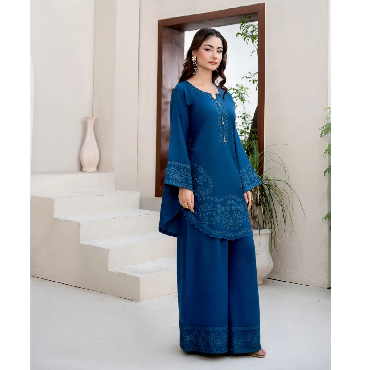 UA-306 Embroidered Dhanak Co-Ord set | Umnaa - Teal Blue