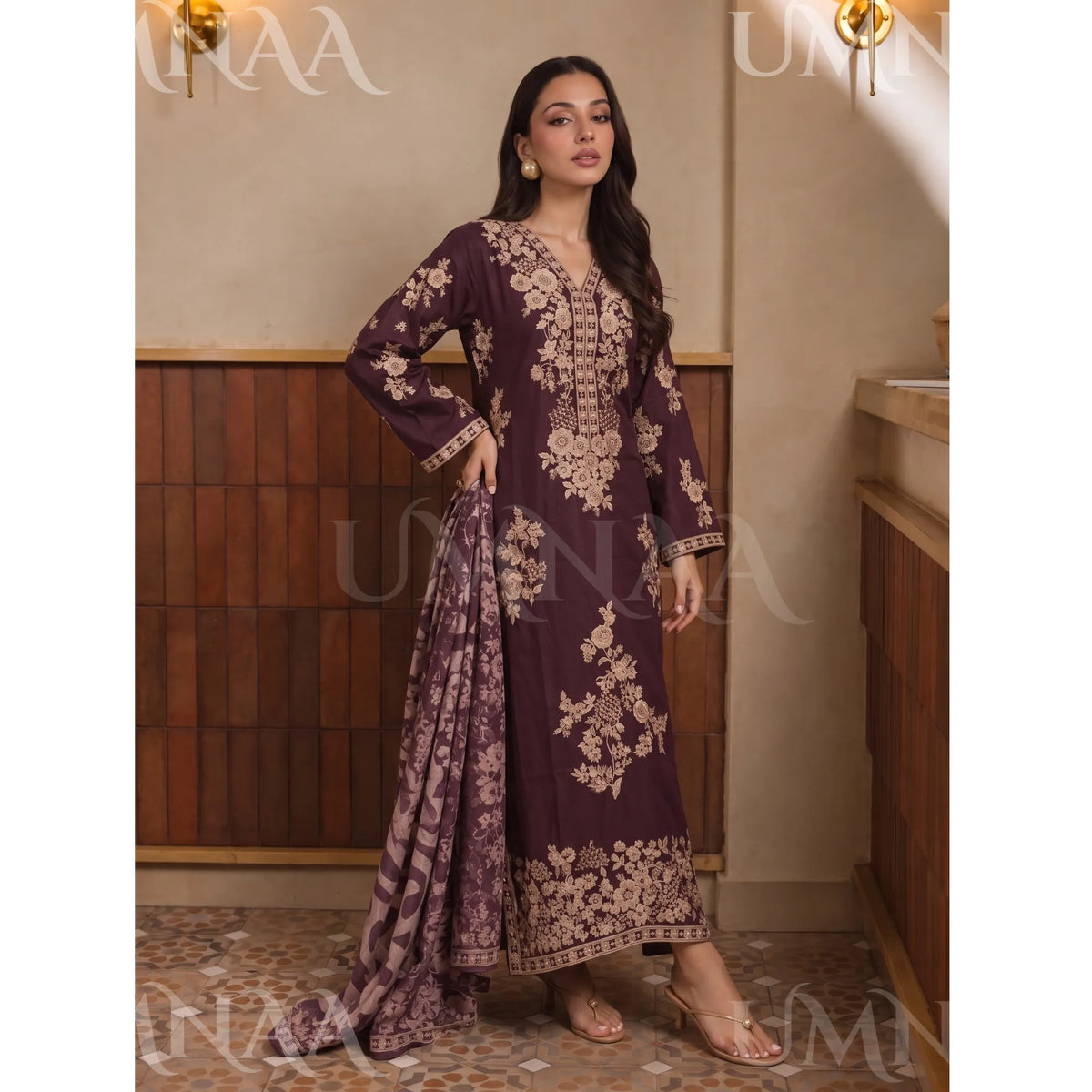 UA-317 Luxury Linen Kaftan Style 3 Pc | Umnaa - Purple