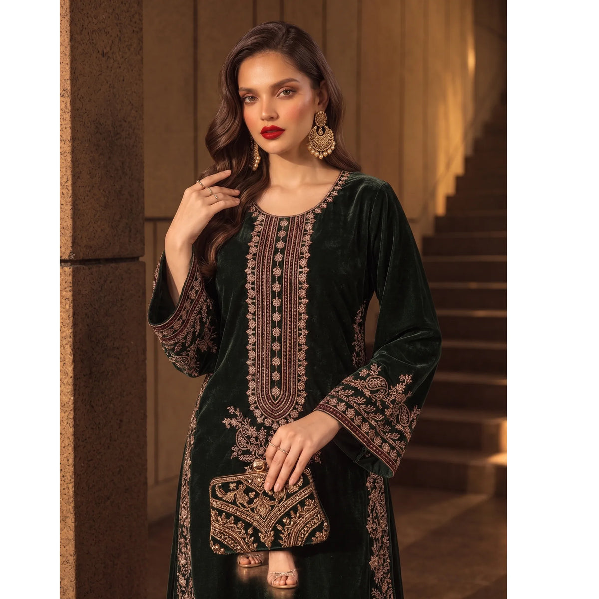 UA-320 Embroidered Velvet Kaftan Co-Ords 2 Pc | Umnaa