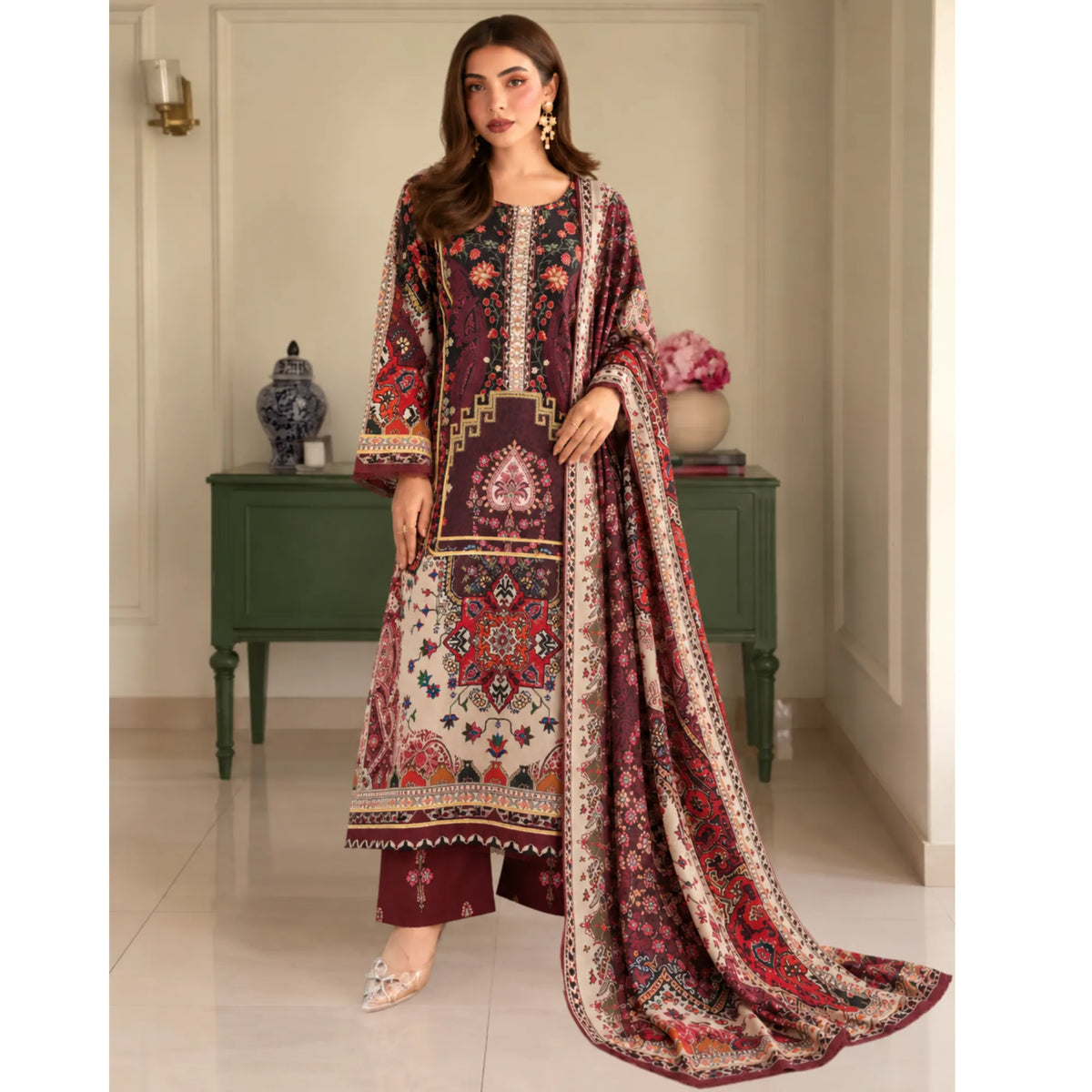 UA-325 Printed Kaftan Khaddar Style 3 Pc Collection | Umnaa