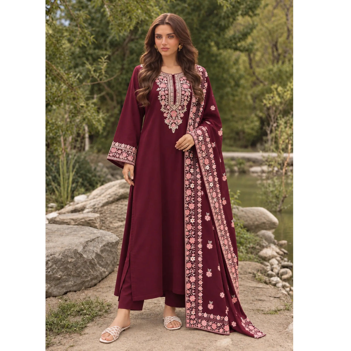 UA-326 Embroidered Dhanak Kaftan Style 3 Pc | Umnaa