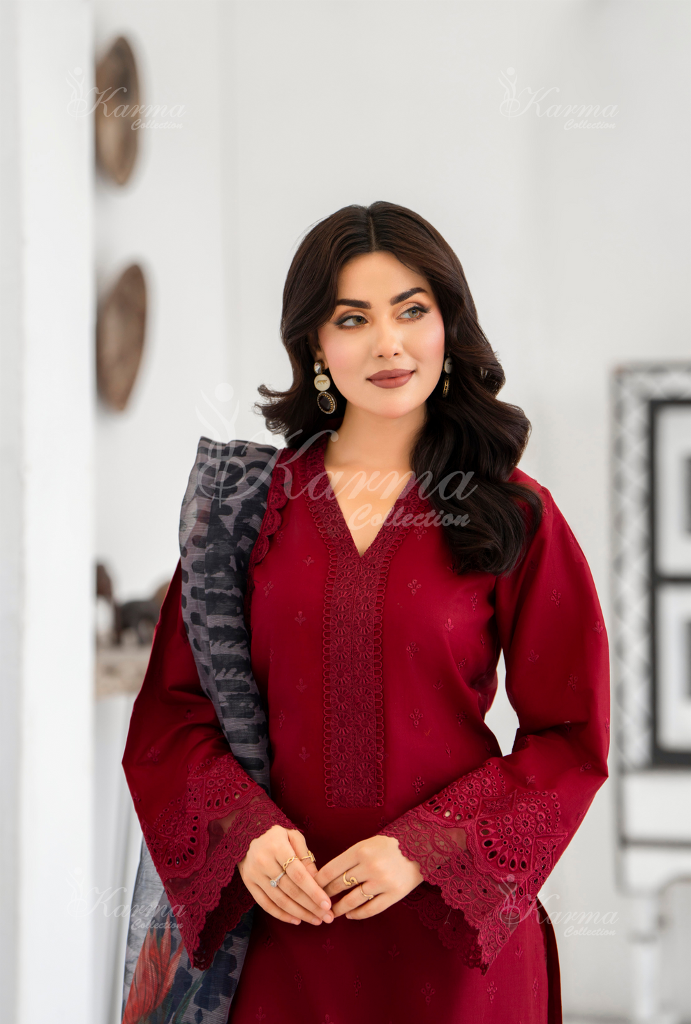 KC- 1393 | Rose Red | 3 Pc | Chikenkari Cotton Lawn | Karma Collection