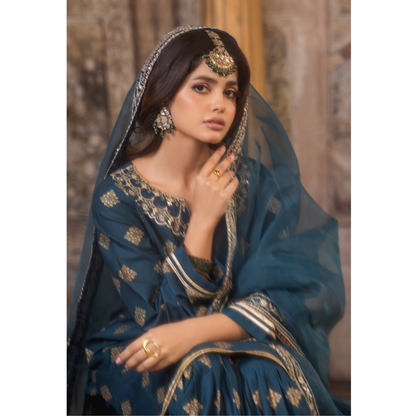 UHE-49 (Teal blue) 3 Pc Embroidered Cambric Cotton ready to wear Dress | Eid Wear | Heera's