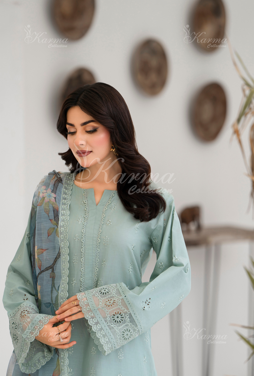 KC- 1394 | Mint Blue | 3 Pc | Chikenkari Cotton Lawn | Karma Collection
