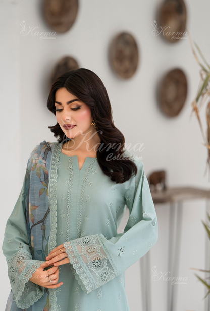 KC- 1394 | Mint Blue | 3 Pc | Chikenkari Cotton Lawn | Karma Collection