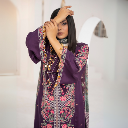 UA-62 Plum Embroidered Viscose Linen 3 Pc Pakistani Dress | UMNAA