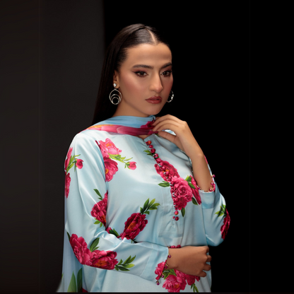 UA-82 Trendy Printed Silk Farshi Shalwar 3 Pc Ready to Wear Collection-Umnaa