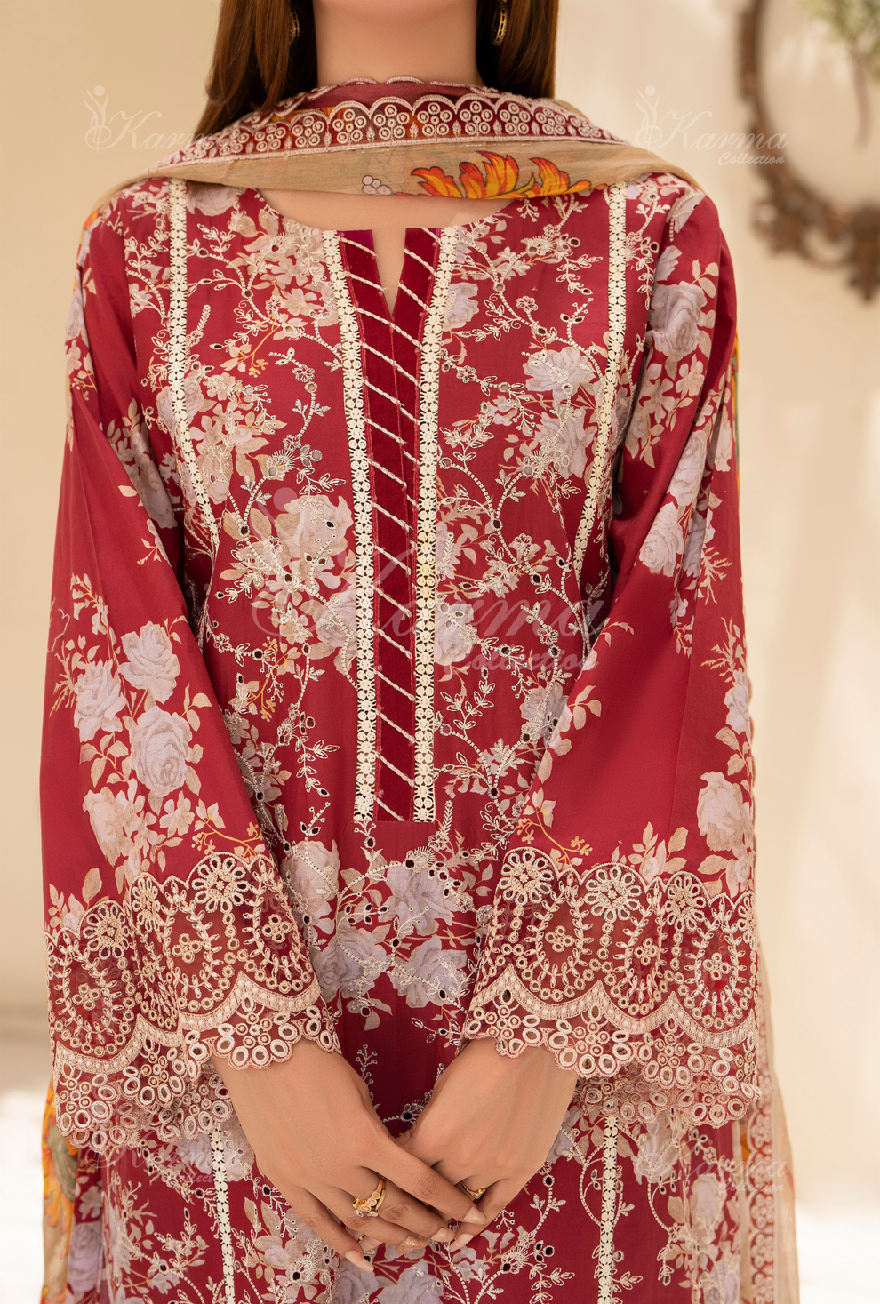 (Blush Red) Chickenkari Cotton Lawn 3 Pc - Karma Collection