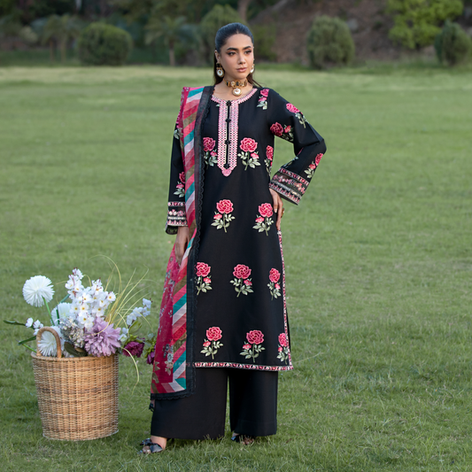 (Black) Luxury Cambric Cotton Embroidered Dress | Ready to Wear | Heera's