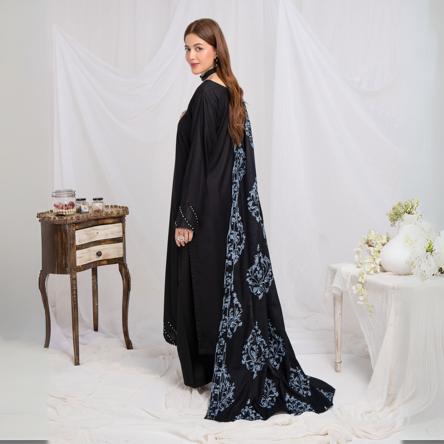 (black) 3 Pc Dhanak Shirt & trouser with Dhanak Shawl | Winter Collection | SIMRANS