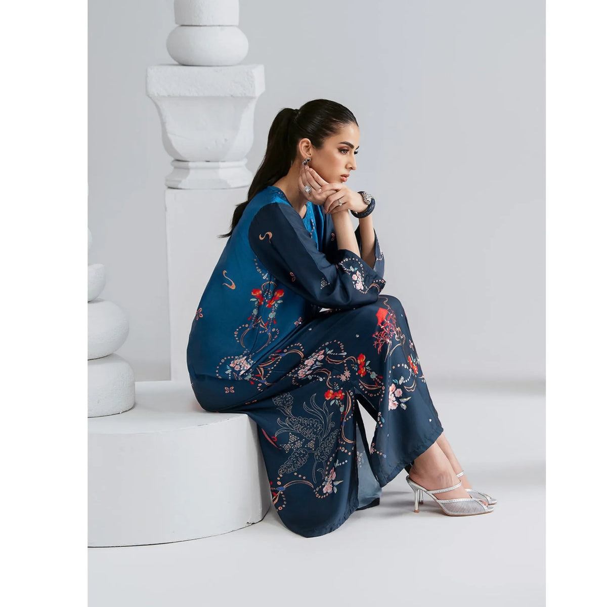 UAL-09 Printed Silk Kaftan with Trouser 2 Pc Set | Ally's