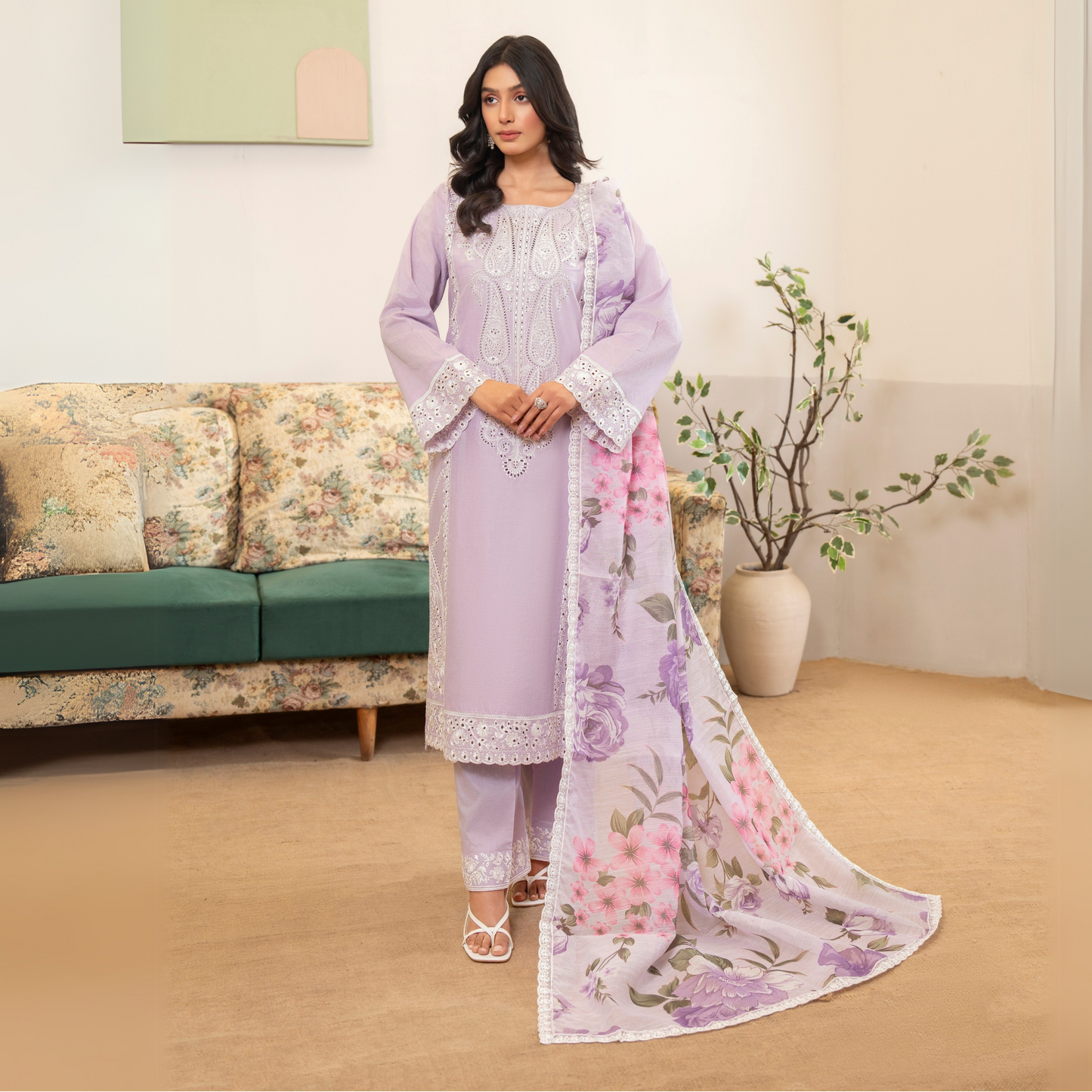UKC-23 Chikenkari Cambric Cotton Ready to Wear Eid Collection 3 Pc - Karma Collection