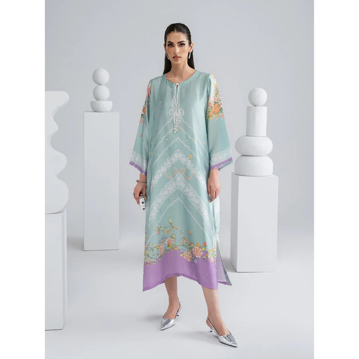 UAL-09 Printed Silk Kaftan with Trouser 2 Pc Set | Ally's