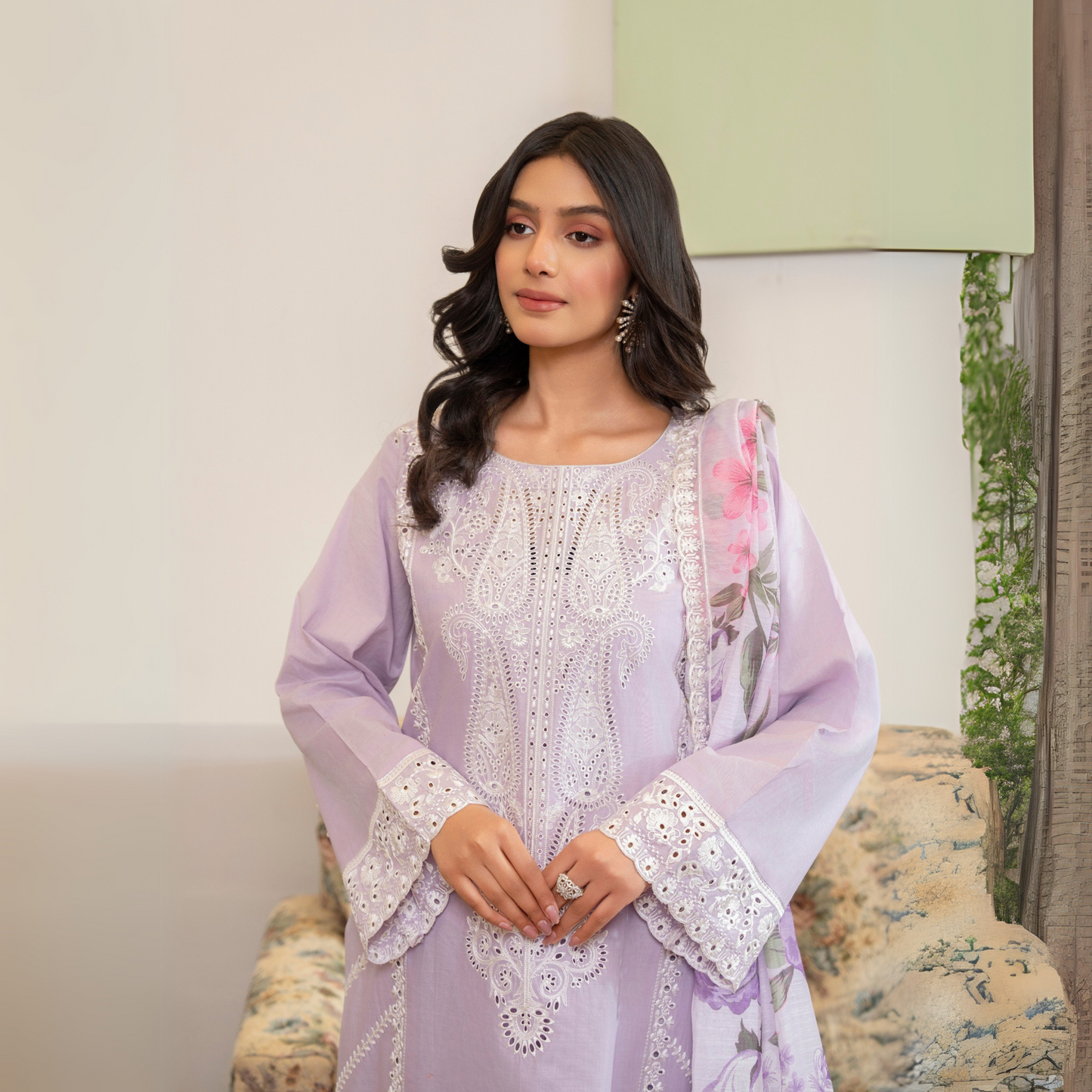 UKC-23 Chikenkari Cambric Cotton Ready to Wear Eid Collection 3 Pc - Karma Collection