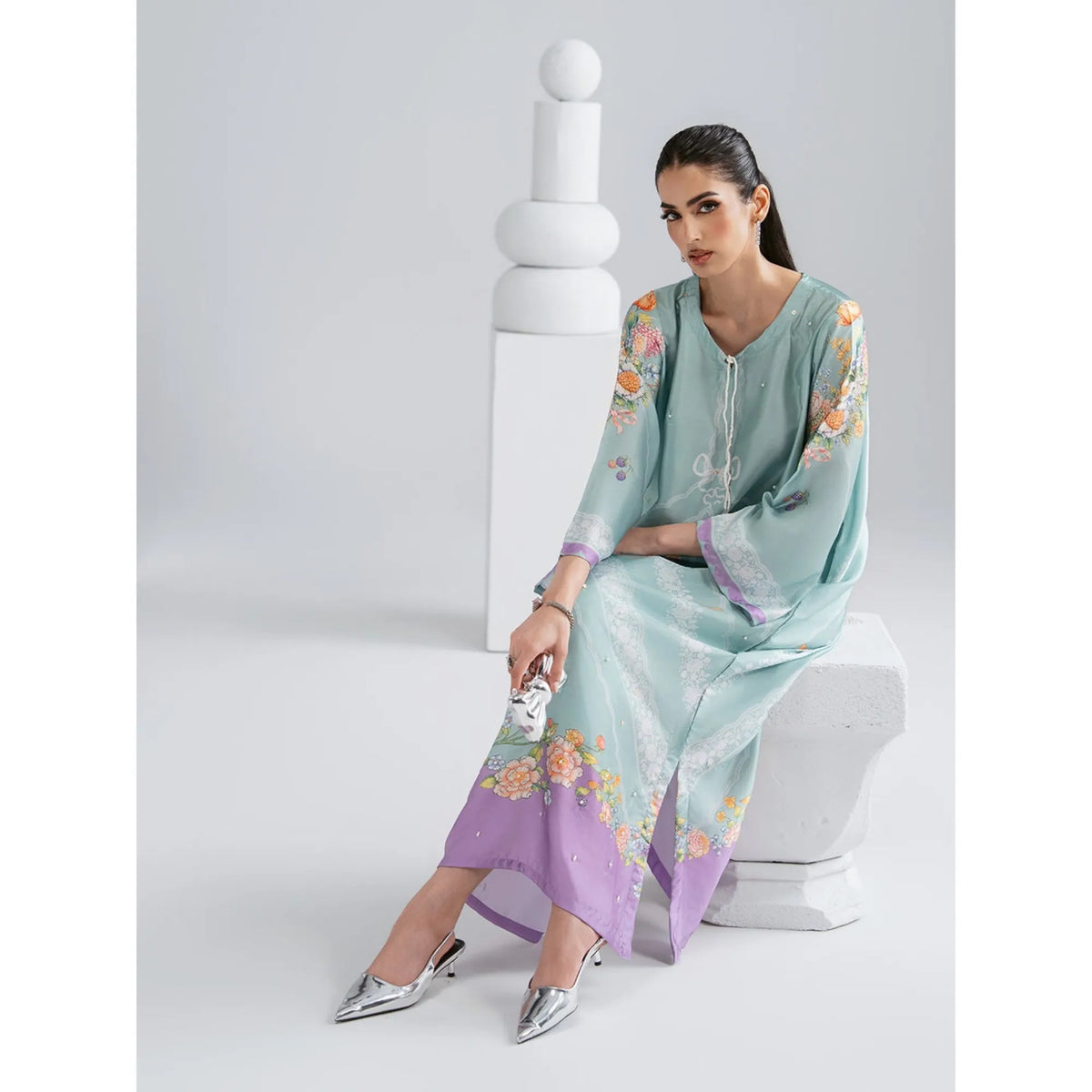 UAL-09 Printed Silk Kaftan with Trouser 2 Pc Set | Ally's