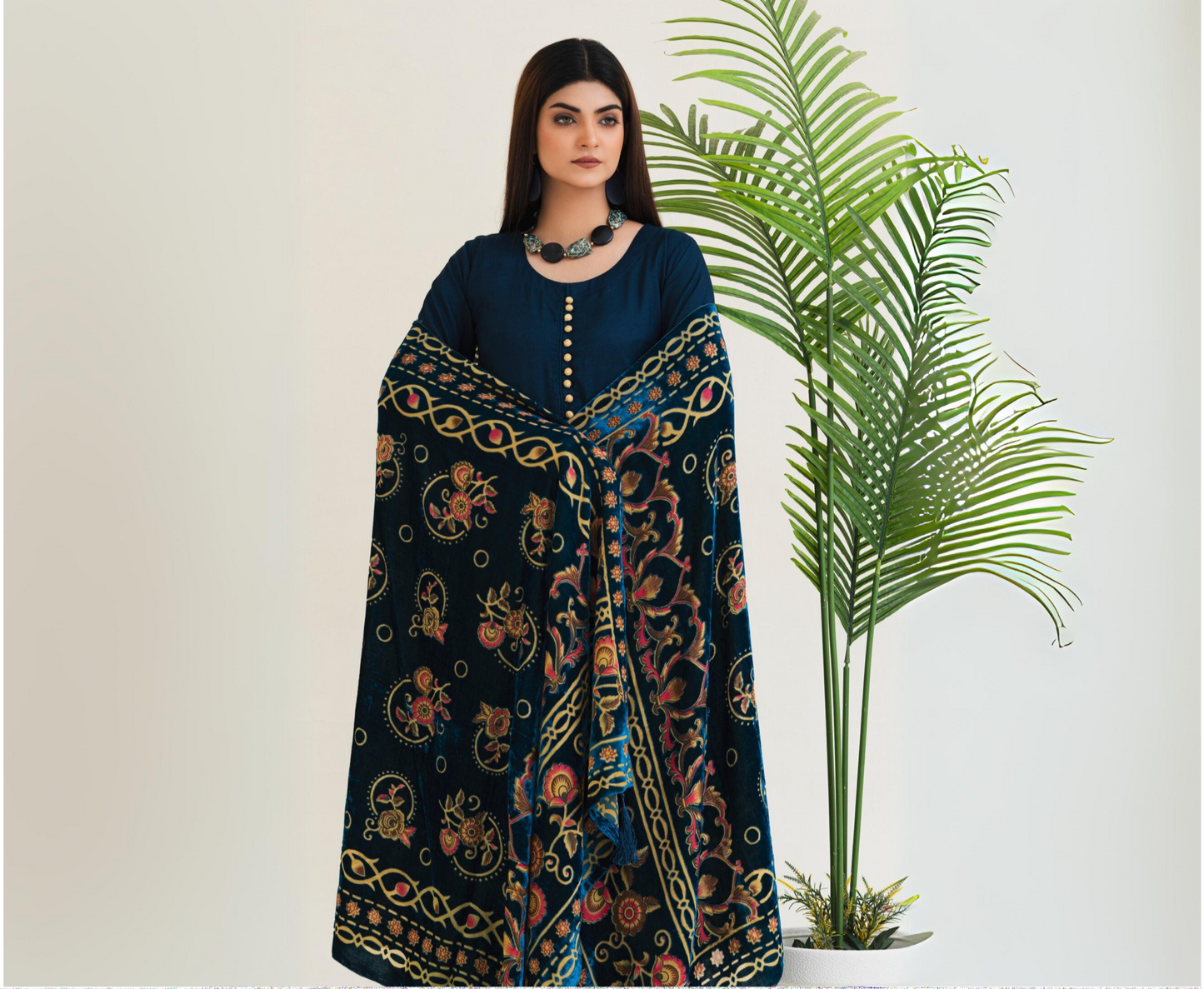 (Blue) 3 Pc Dhanak Shirt & Plazo with Palachi Shawl | Winter Collection | Rangz