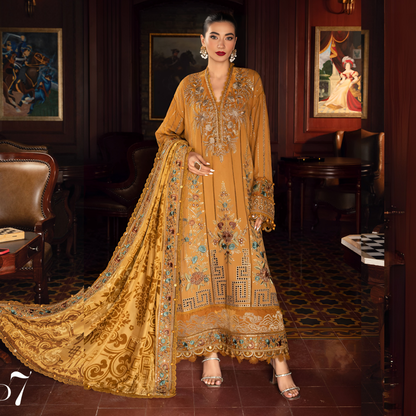 (Mustard) Embroidered Luxury Velvet Linen Suit | 3 Pc | Winter Collection | MARIA.B