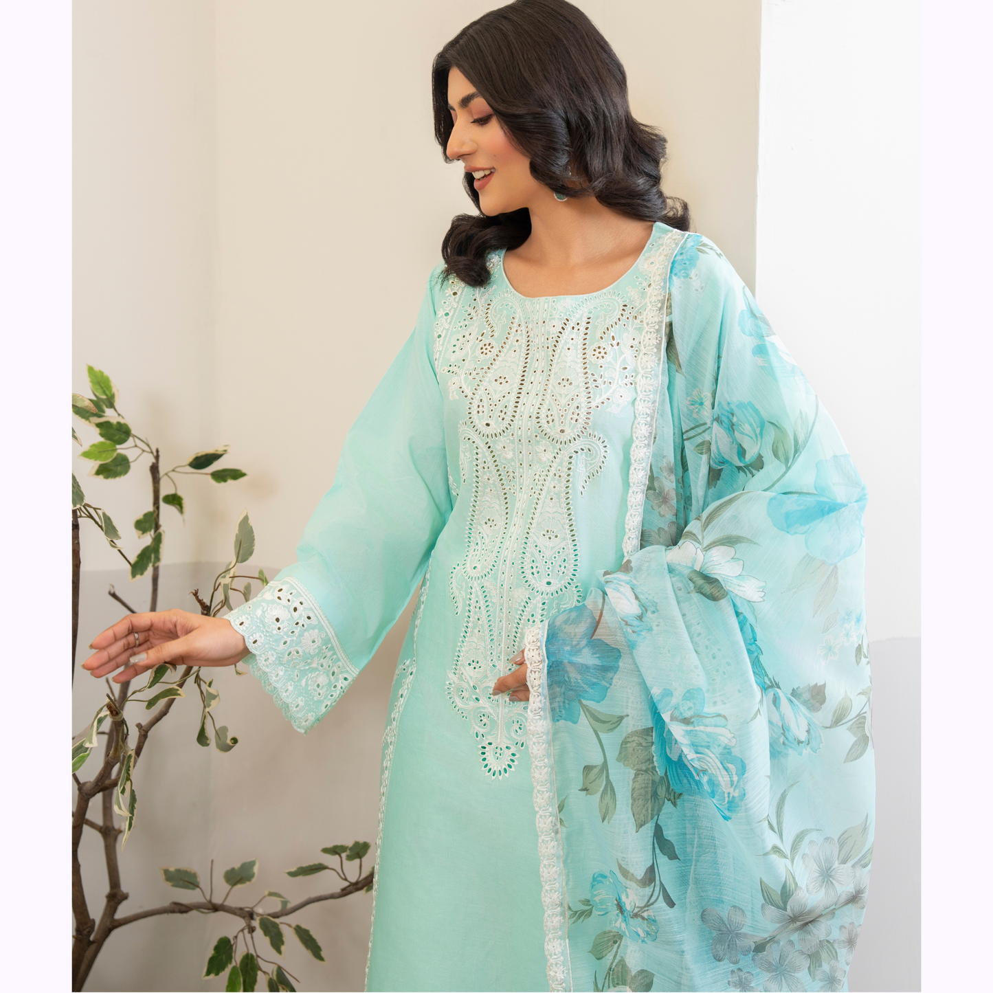 UKC-23 Chikenkari Cambric Cotton Ready to Wear Eid Collection 3 Pc - Karma Collection