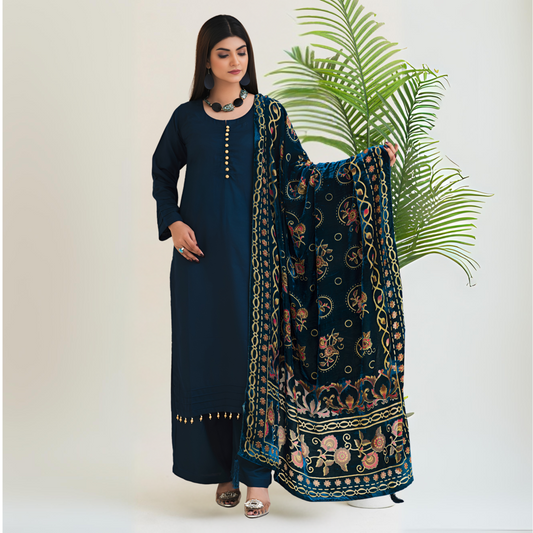(Blue) 3 Pc Dhanak Shirt & Plazo with Palachi Shawl | Winter Collection | Rangz