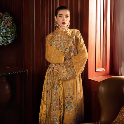 (Mustard) Embroidered Luxury Velvet Linen Suit | 3 Pc | Winter Collection | MARIA.B