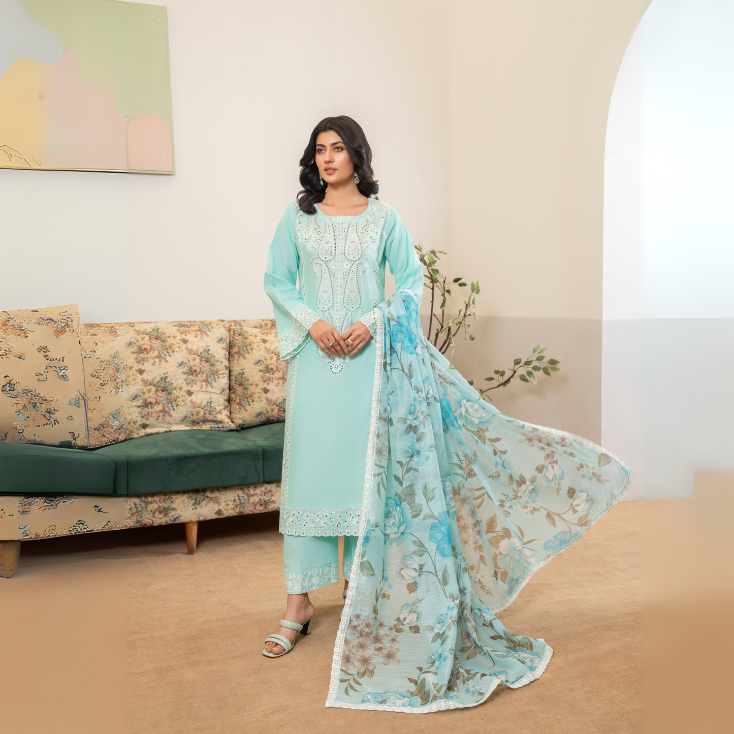 UKC-23 Chikenkari Cambric Cotton Ready to Wear Eid Collection 3 Pc - Karma Collection